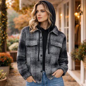 Mystree Black & Grey Plaid Hooded Shacket Jacket | Raw Hem